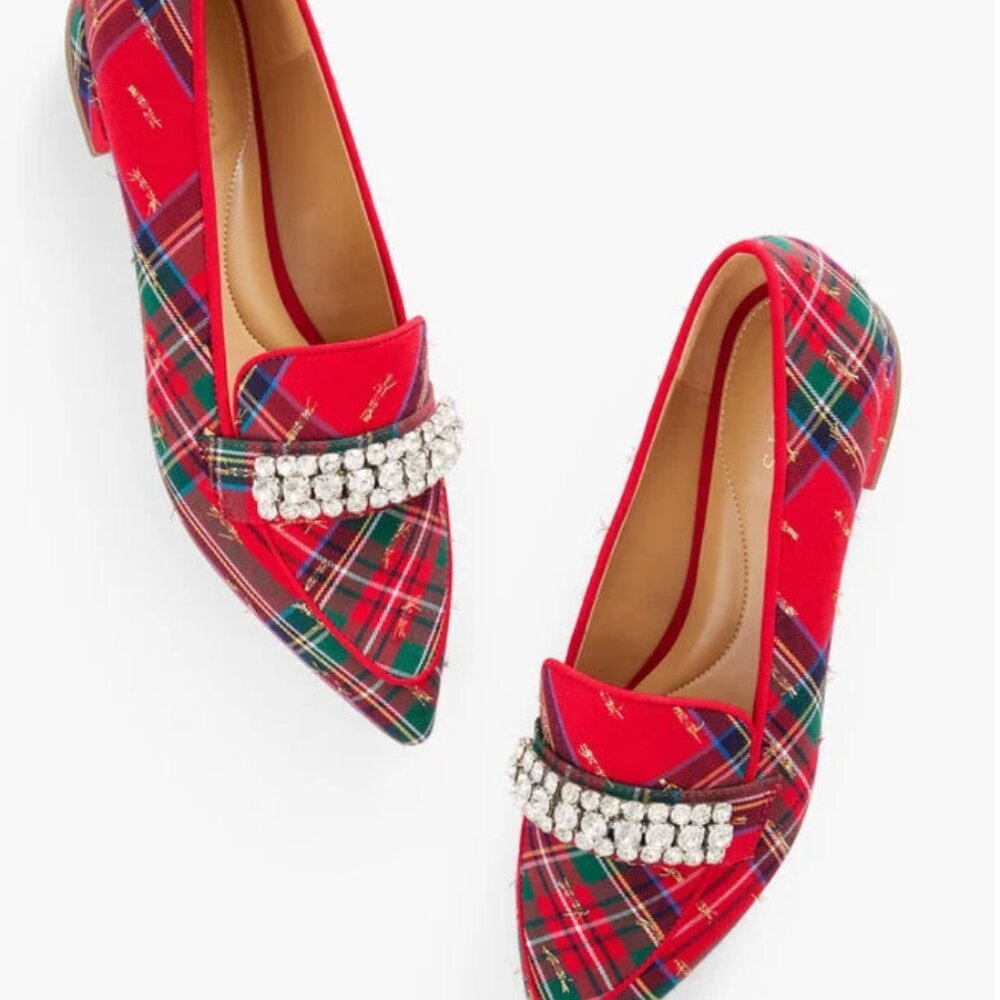 Scarlet Rhinestone Pointed Toe Loafers Plaid Talbot Shoes BRAND NEW in box 5 1/2